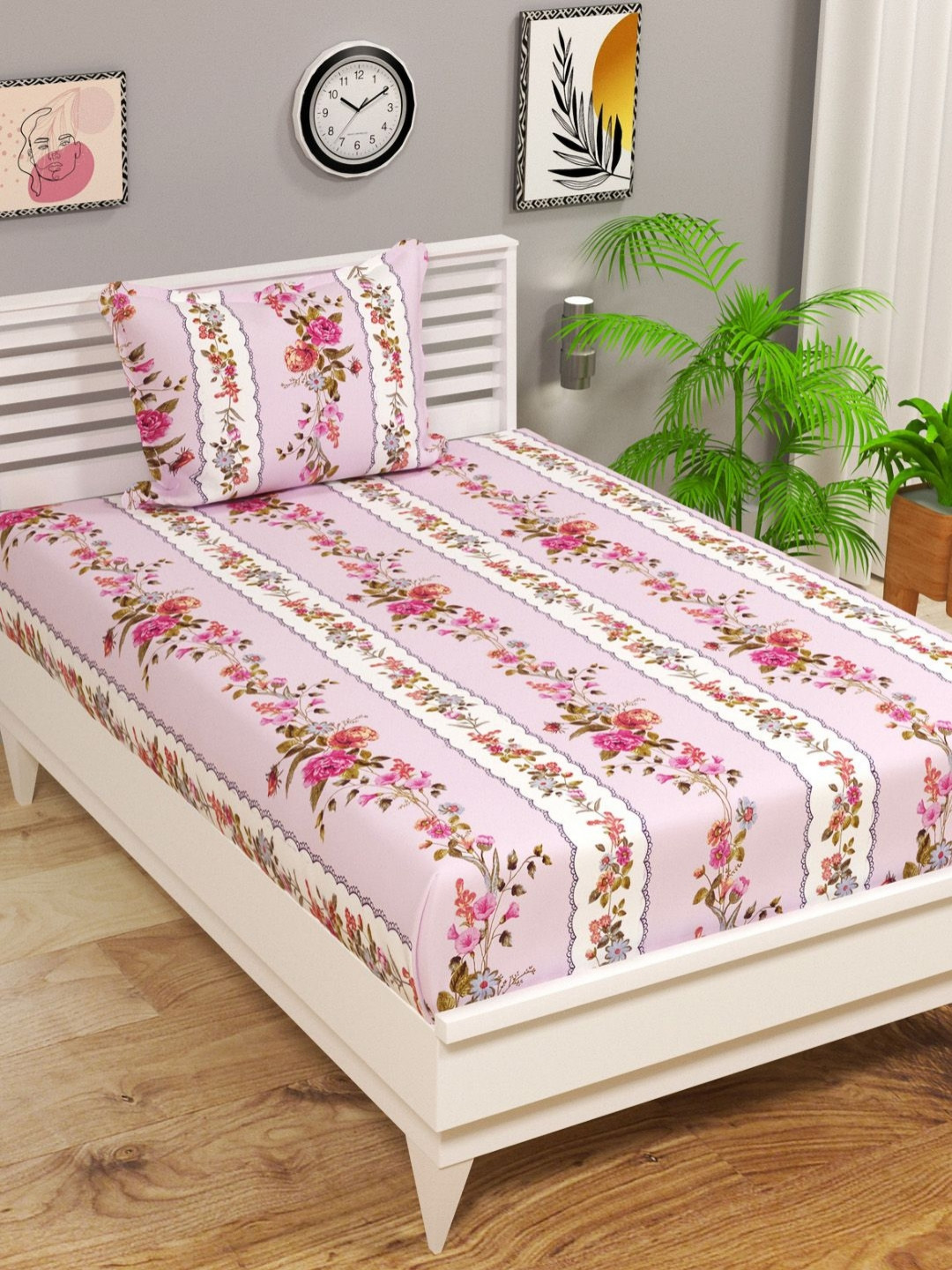 

bsb home Valancia Pink Floral Printed Microfiber 210 TC Single Bedsheet Set 2.28 x 1.52 m