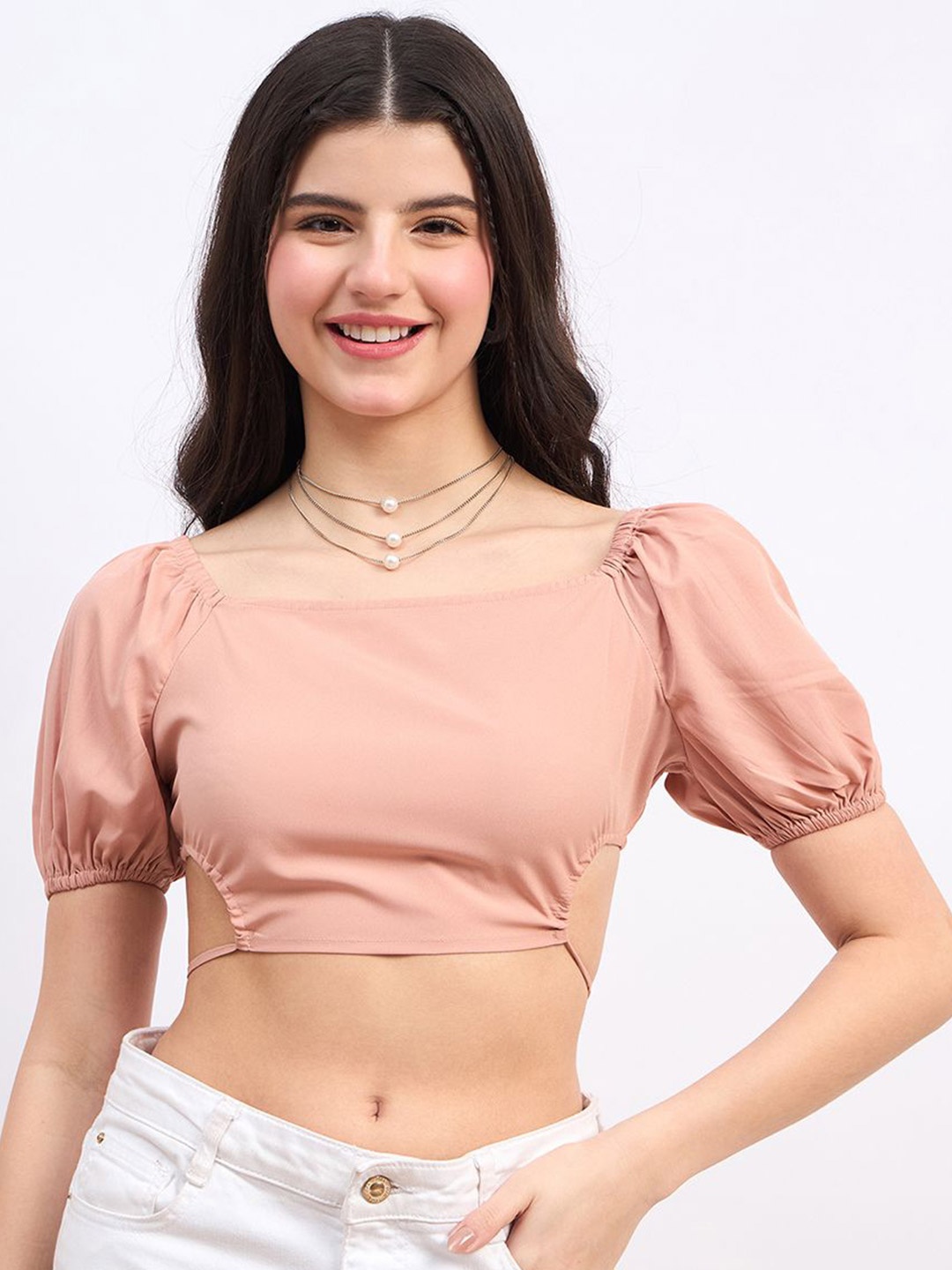 

Berrylush Puff Sleeve Styled Back Crop Top, Pink