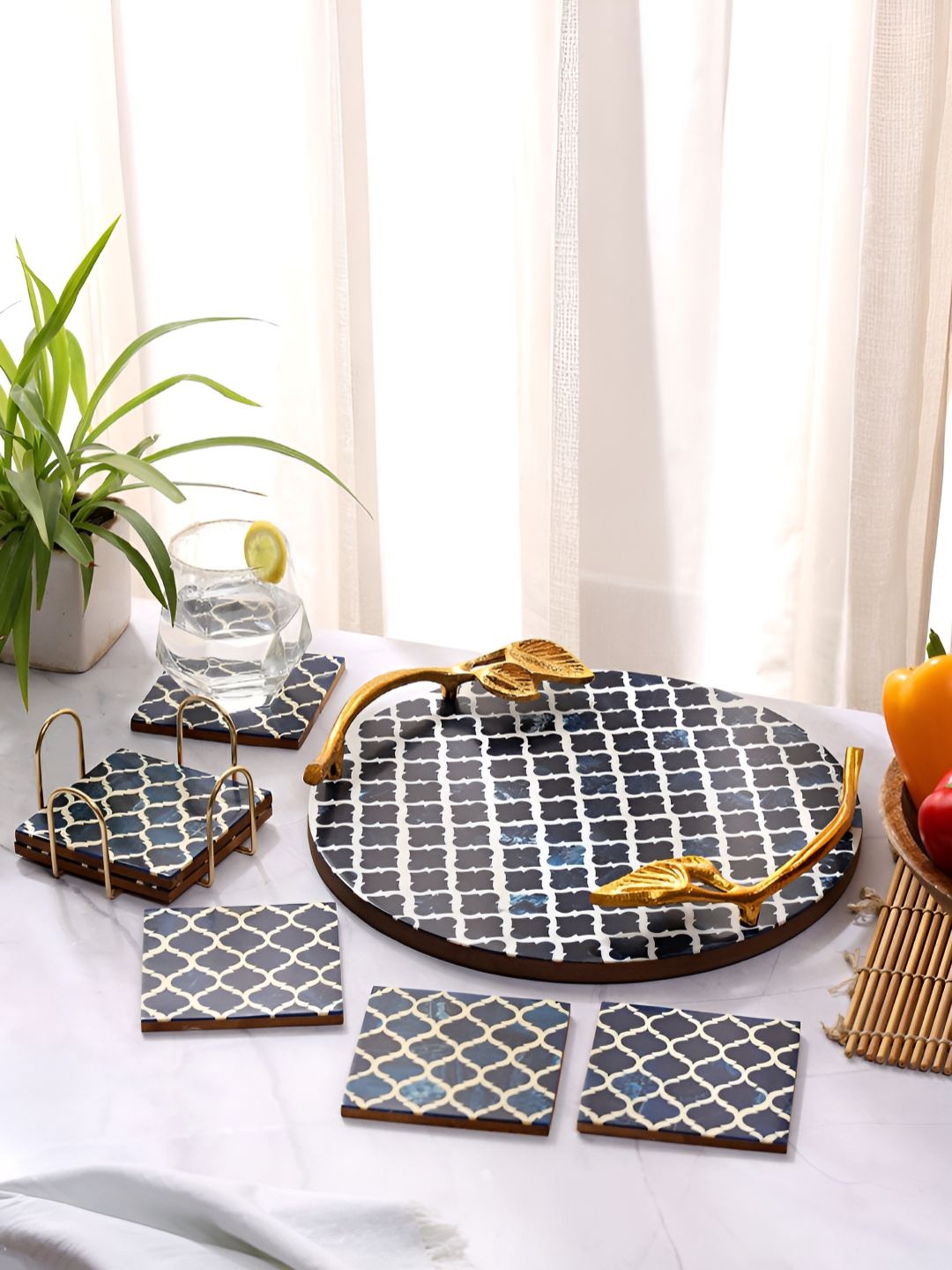 

DULI Blue & Gold Toned 8 Pieces Printed Wooden Serving Tray & Coasters