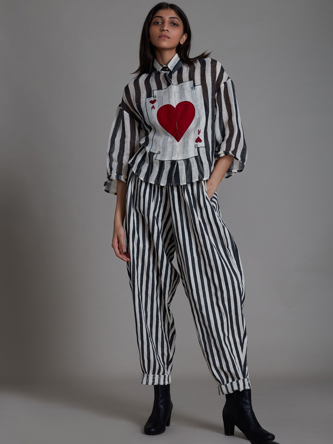 

MATI Striped Shirt Collar Neck Linen Shirt With Trousers, White