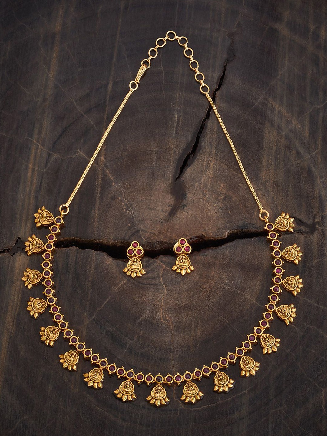 

Kushal's Fashion Jewellery Gold-Plated Ethnic Ruby Studded Antique Jewellery Set