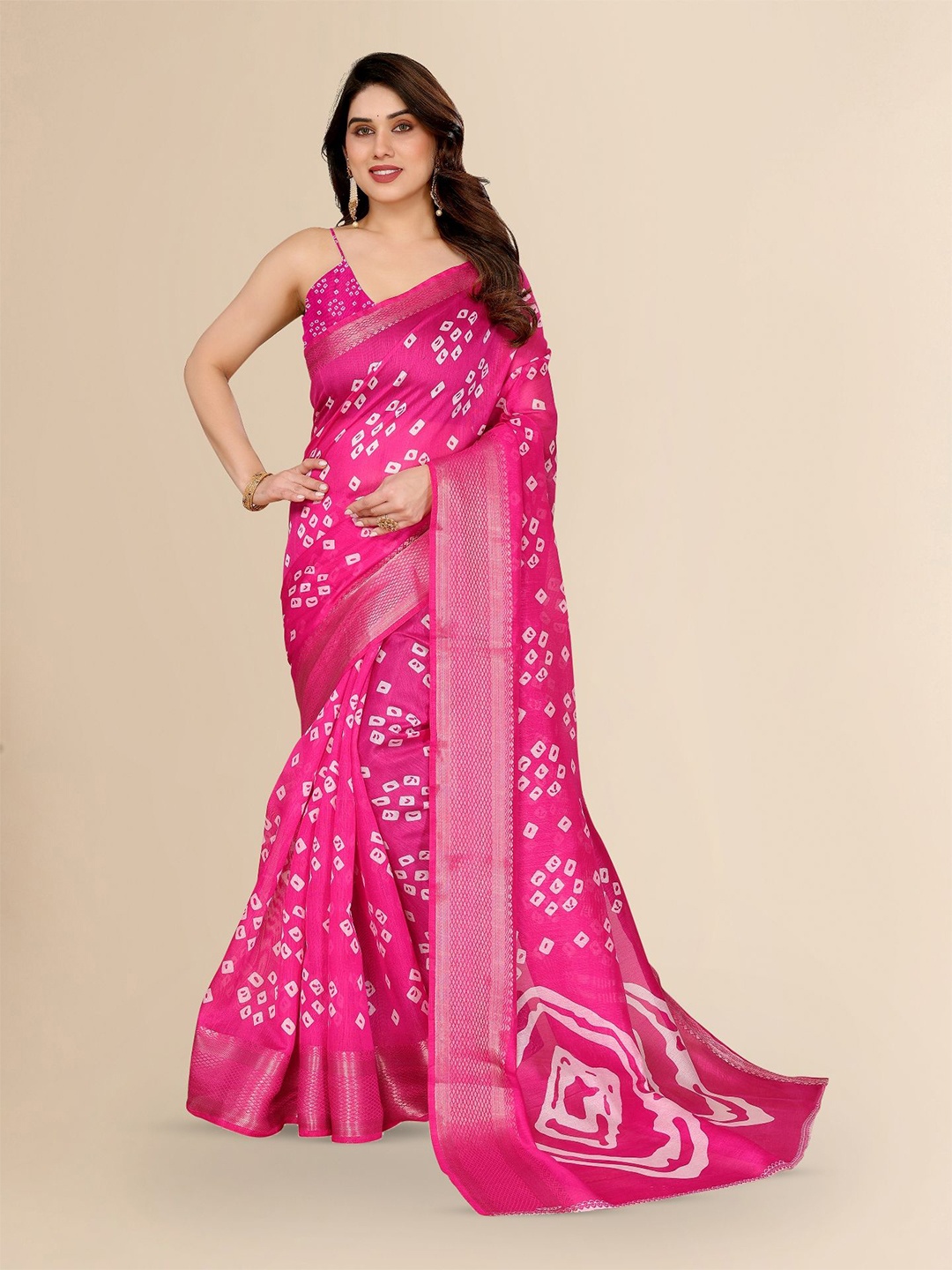 

Moda Rapido Bandhani Zari Saree, Pink