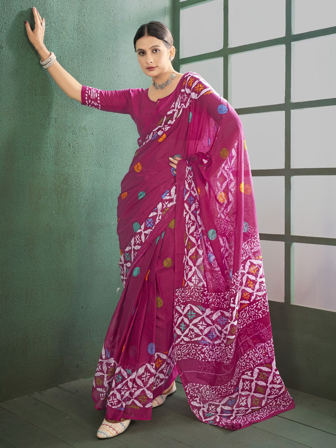 

Anouk Rustic Polka Dot Block Print Saree, Pink