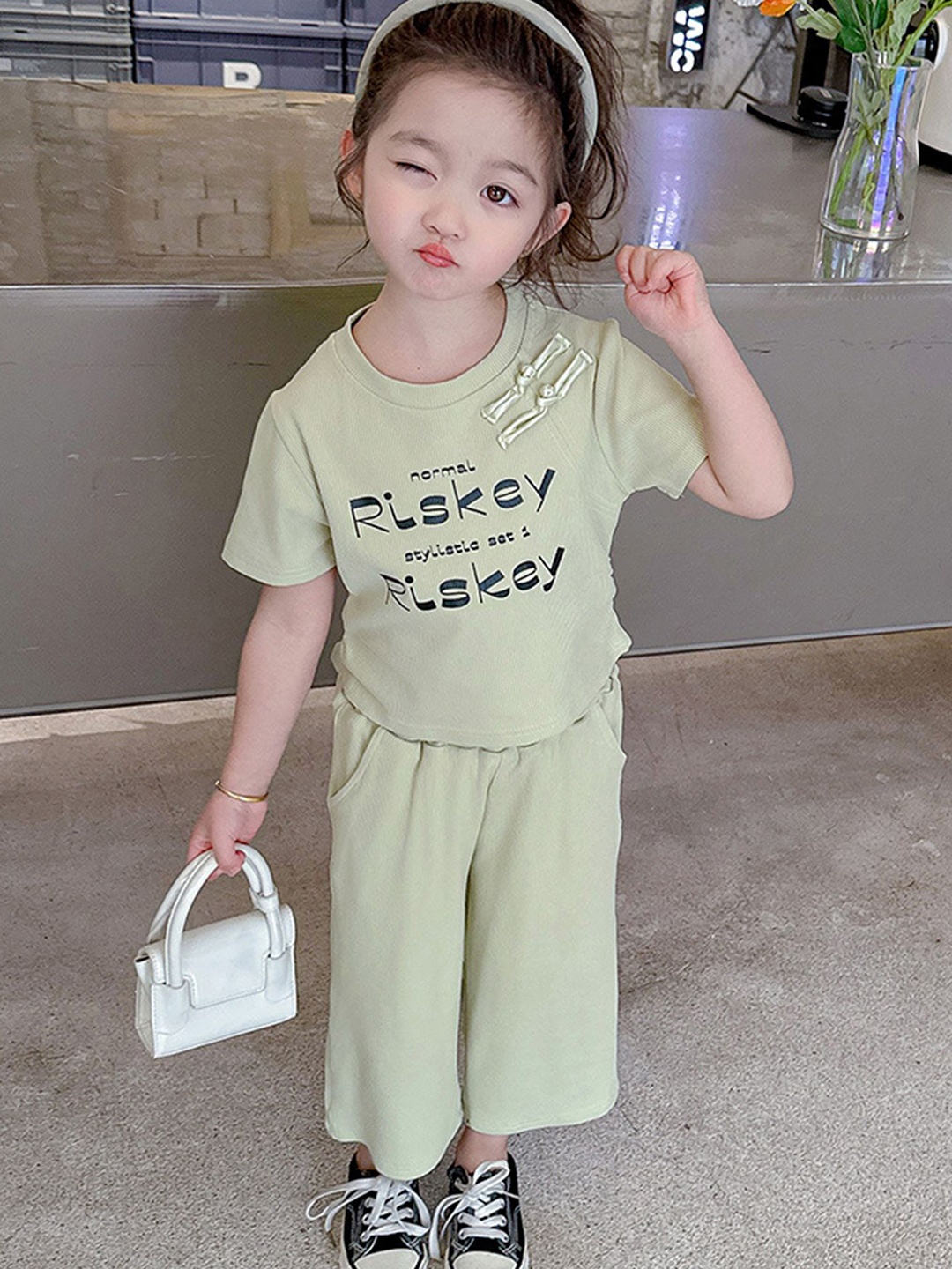 

LULU & SKY Girls Typography Printed Round Neck T-shirt with Trousers, Green
