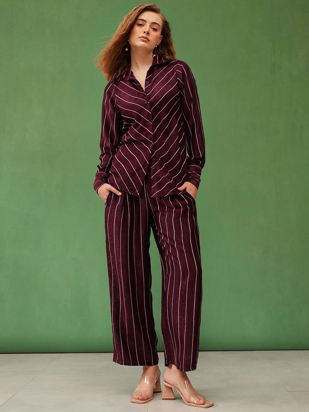 

BAESD Striped Shirt Collar Shirt With Trousers Co-Ords, Maroon