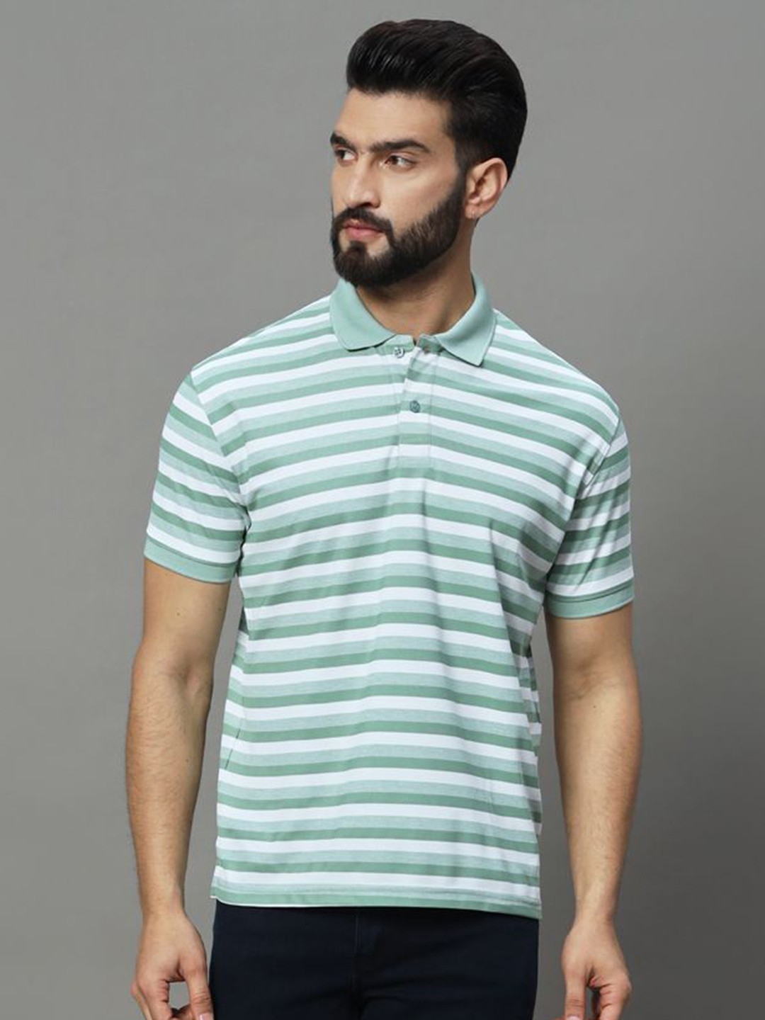 

UNIBERRY Men Striped Polo Collar T-shirt, Sea green