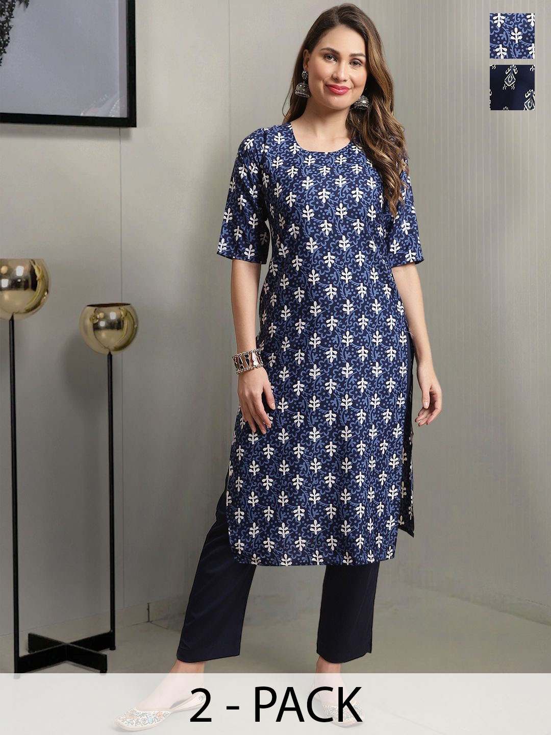 

Moda Rapido Selection Of 2 Floral Printed Round Neck Straight Kurta With Trousers, Blue