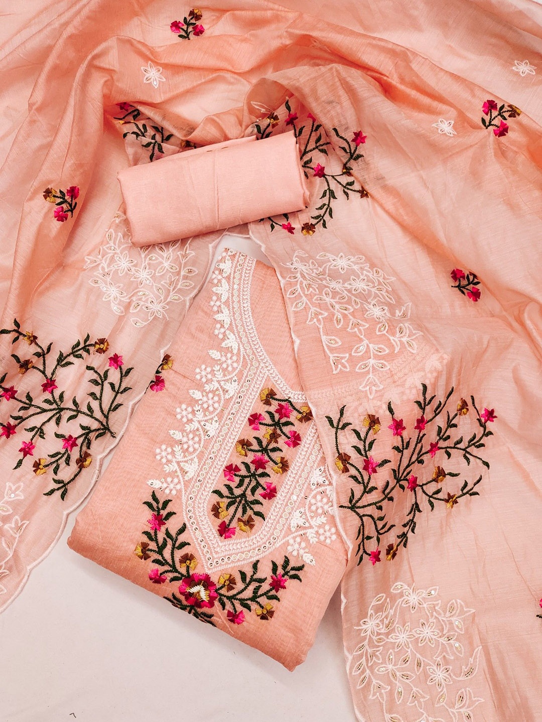 

Rangtulika Floral Embroidered Modal Unstitched Dress Material, Peach
