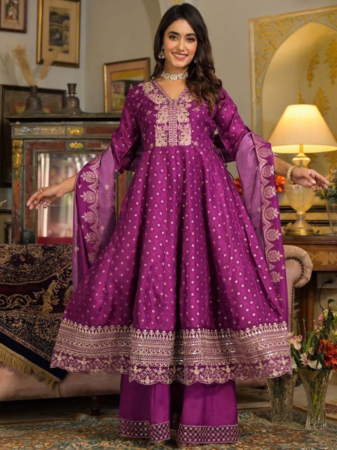 

Sindh Fashion Women Ethnic Motifs Embroidered Regular Sequinned Kurta with Palazzos & With Dupatta, Purple