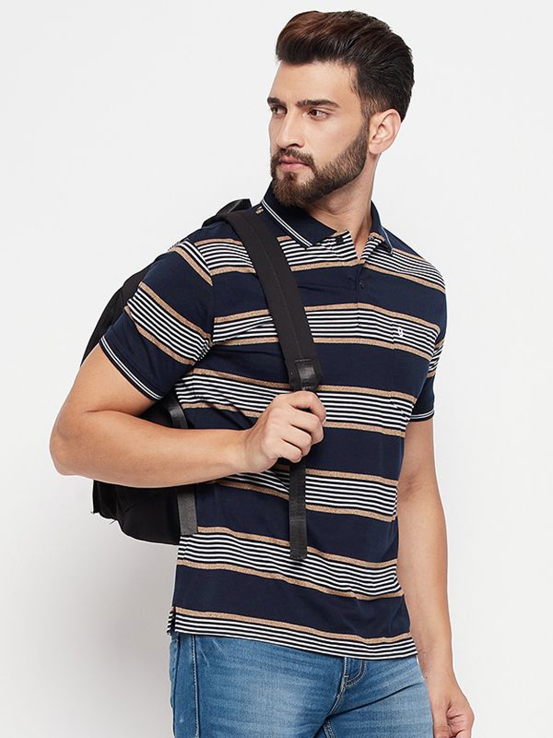

UNIBERRY Men Striped Polo Collar T-shirt, Navy blue