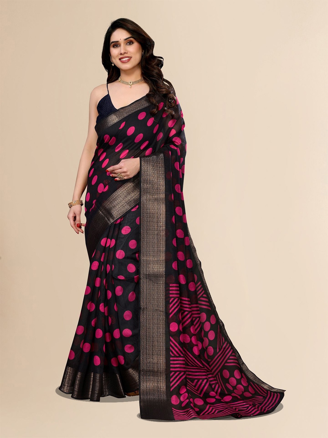 

Moda Rapido Polka Dot Zari Saree, Pink