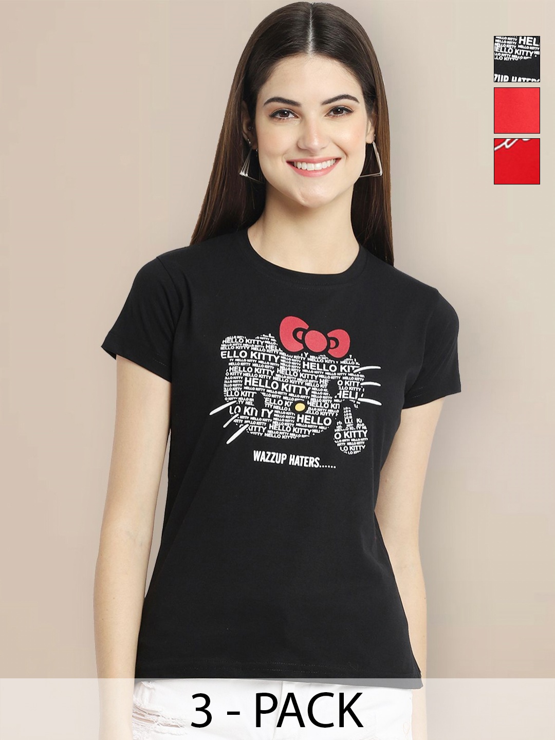 

Metronaut Women Pack of 3 Typography Printed Round Neck Cotton T-shirts, Black