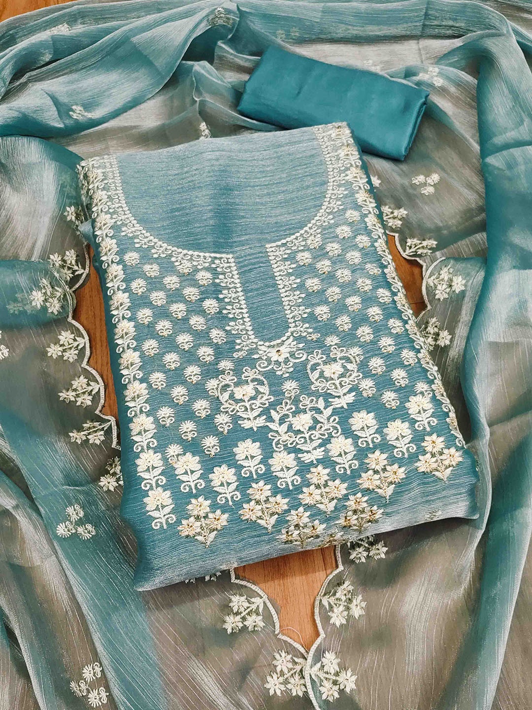 

Blissta Embroidered Silk Chiffon Unstitched Dress Material, Blue