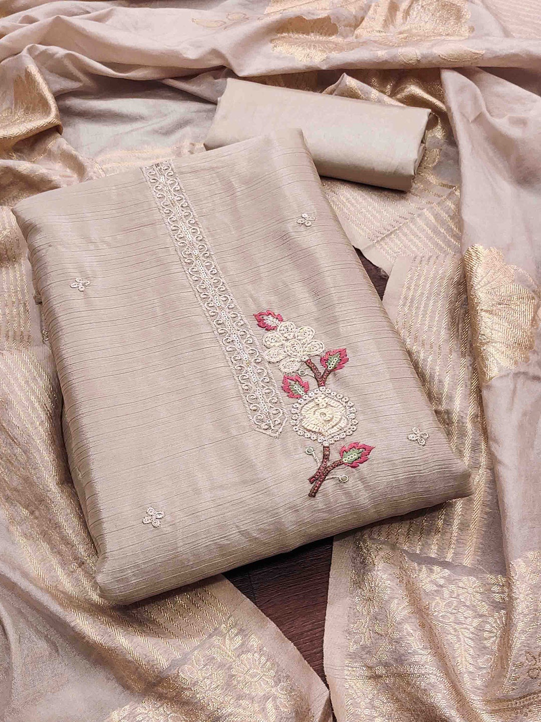 

KIMISHA Embroidered Unstitched Dress Material, Beige