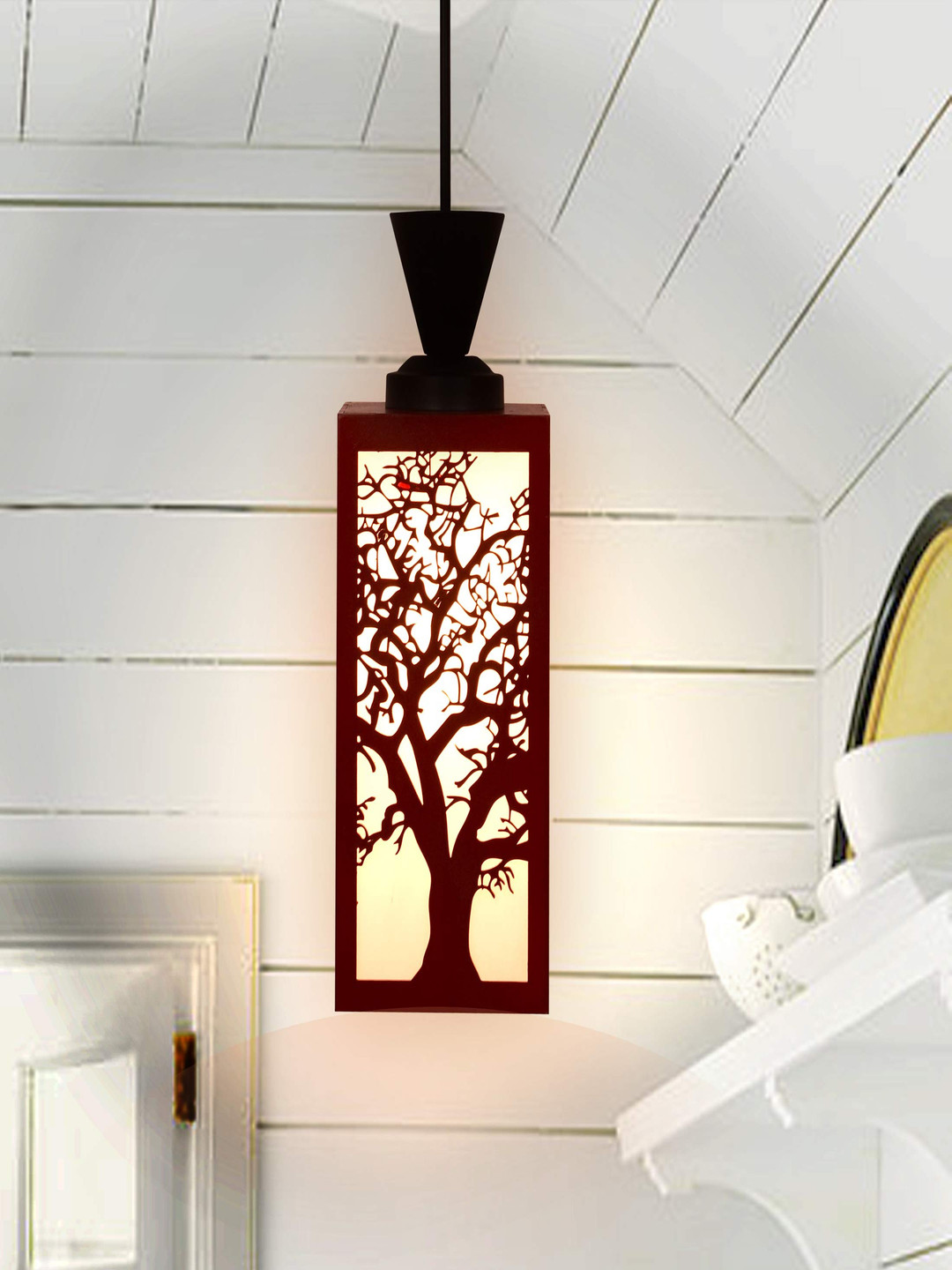 

Gojeeva Red and White Wooden Textured Contemporary Rectangle Shaped Ceiling Lamp