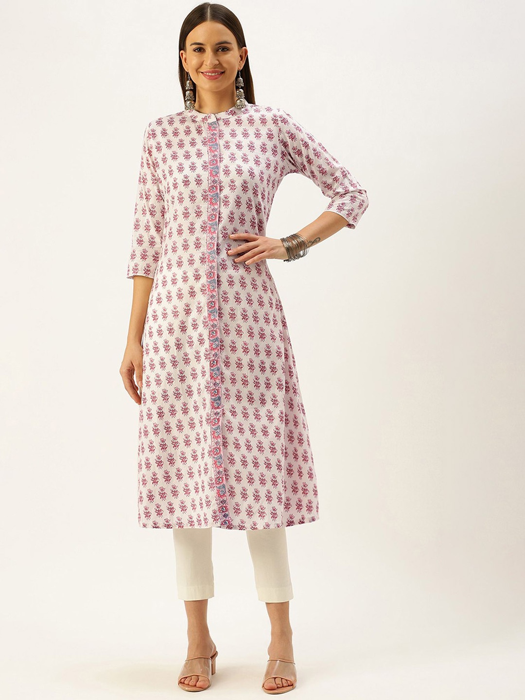 

HRITIKA Floral Printed Pure Cotton A-Line Kurta, White