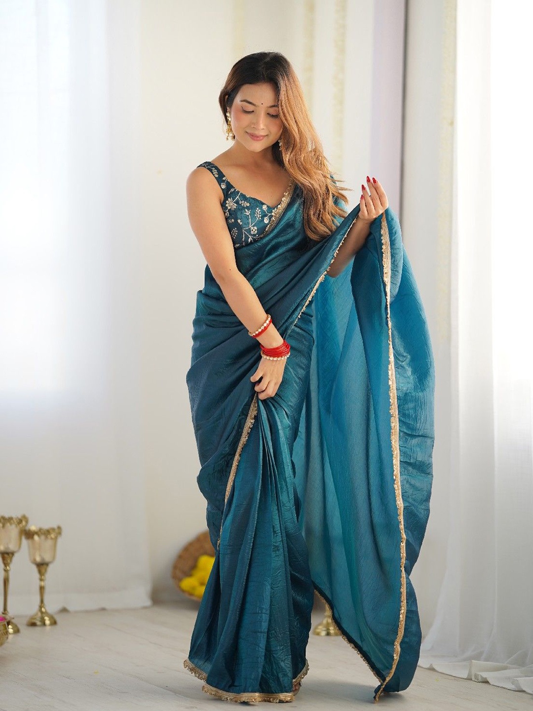 

Yara Creation Embroidered Tissue Ready to Wear Saree, Blue