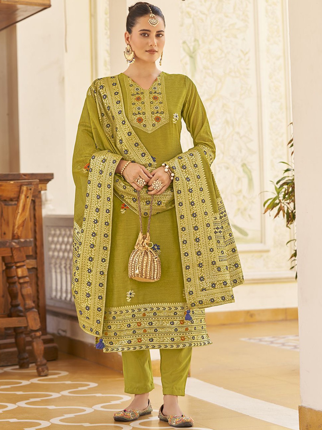

KALINI Women Regular Kurta with Trousers & With Dupatta, Mustard