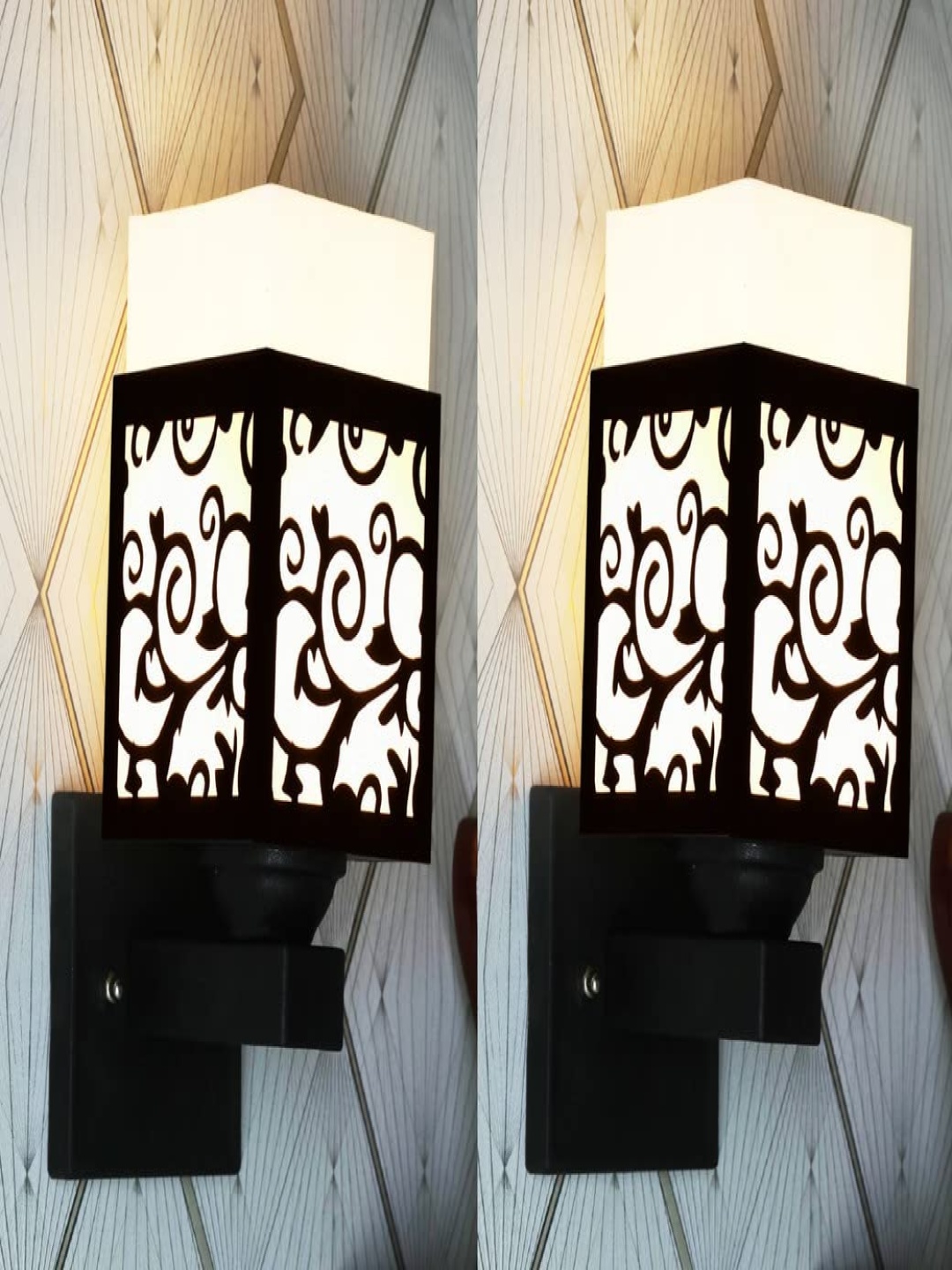 

Gojeeva Black & White 2 Pieces Textured Wooden Square Shaped Wall Lamps