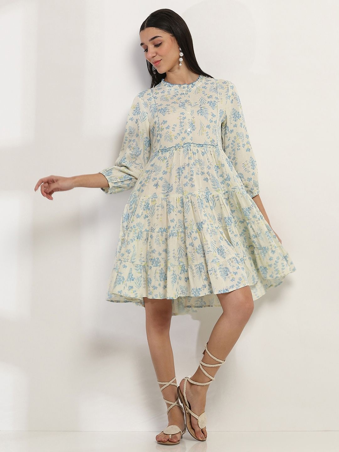 

Rangriti Floral Print Bell Sleeve Fit & Flare Dress, Blue