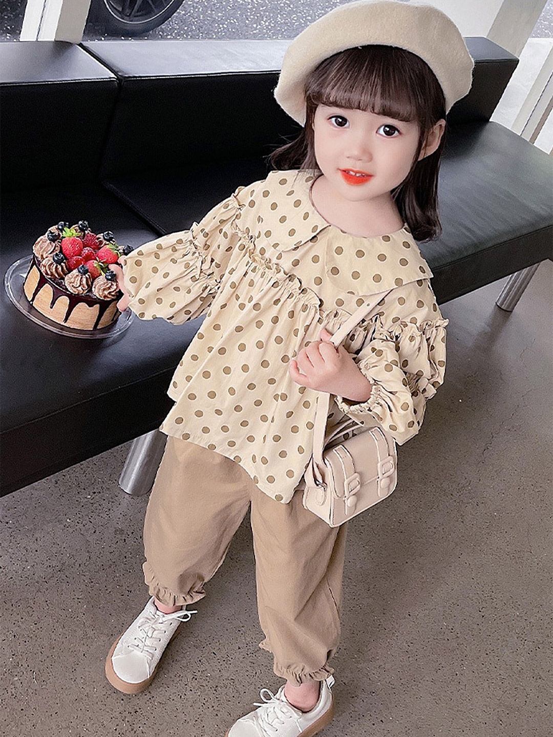 

LULU & SKY Girls Printed Peter Pan Collar Top With Trousers, Brown