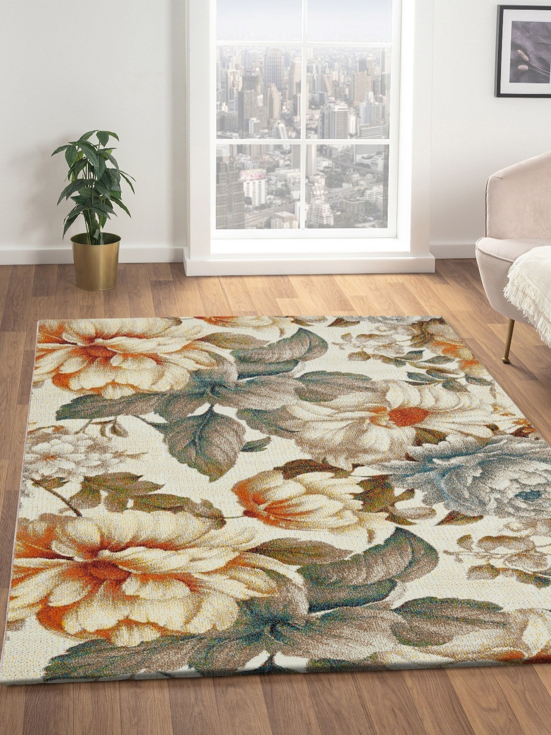 

OBSESSIONS Cream-Coloured Floral Anti-Skid Carpet