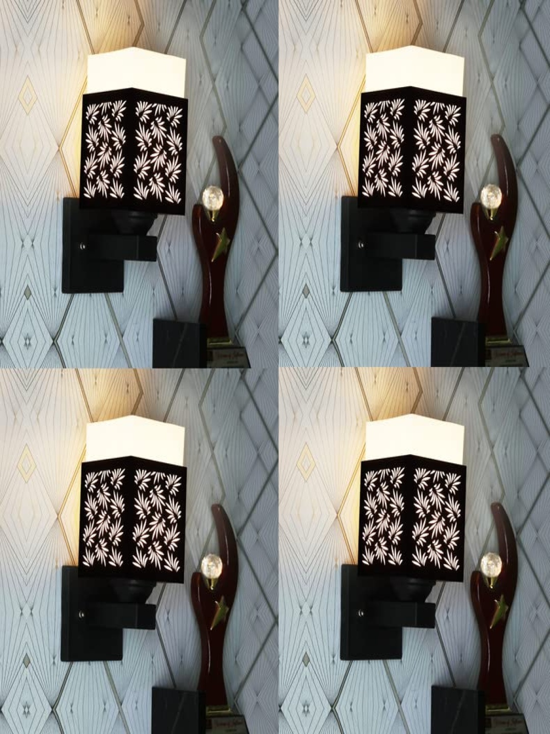 

Gojeeva Black & White 4 Pieces Textured Wooden Square Shaped Wall Lamps