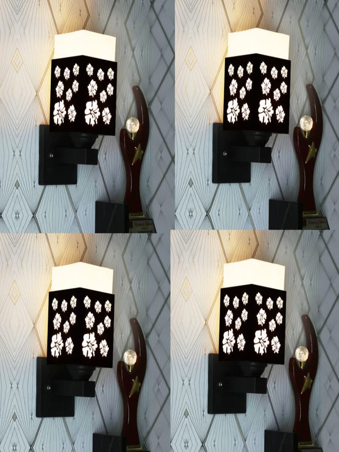 

Gojeeva Black and White 4 Pieces Textured Wooden Square Shaped Wall Lamps