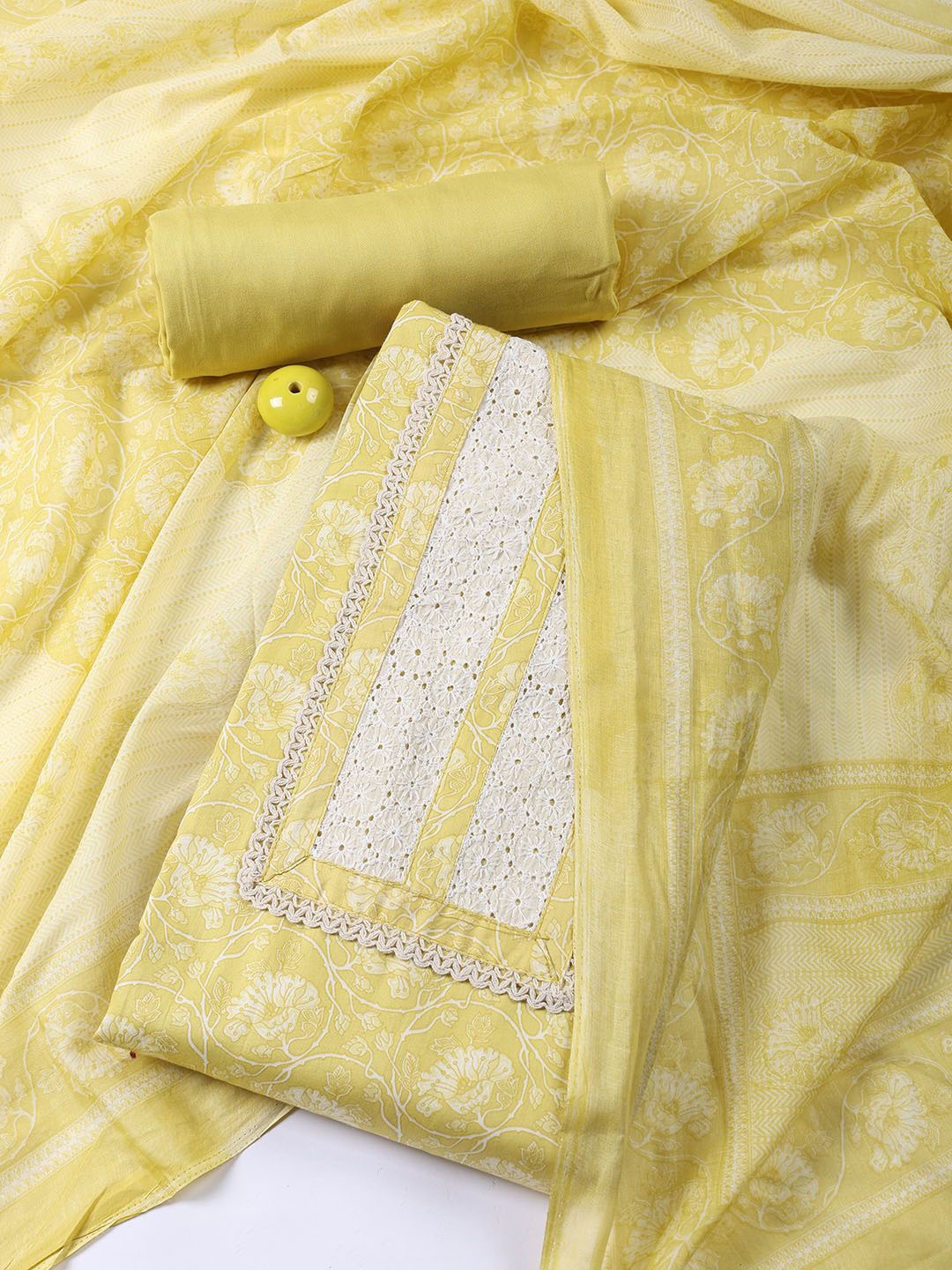 

Meena Bazaar Floral Printed Schiffli Unstitched Dress Material, Mustard