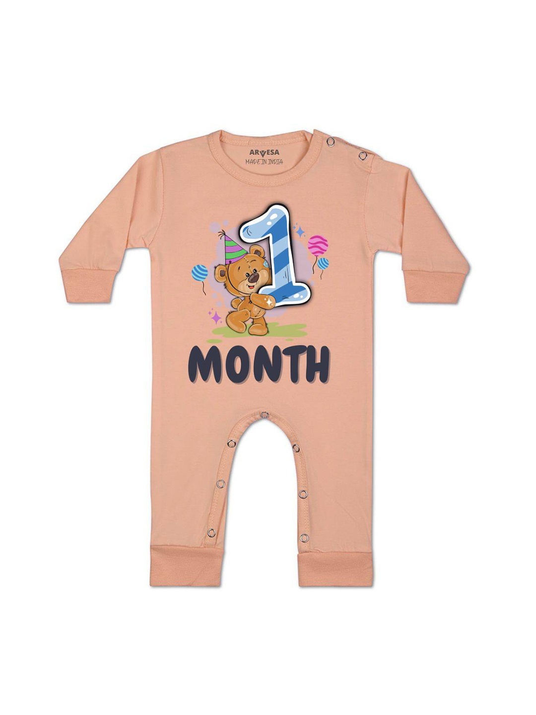 

Arvesa One Month Baby Boy Printed Baby Romper, Peach