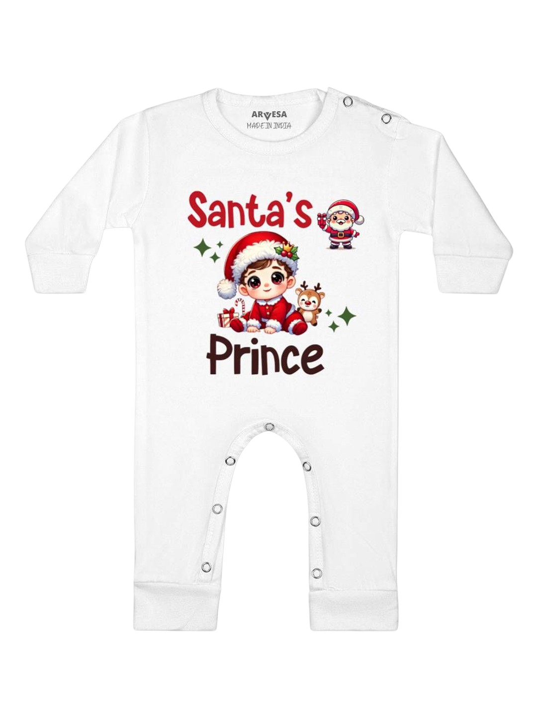 

Arvesa Santas Prince Printed Baby Romper, White