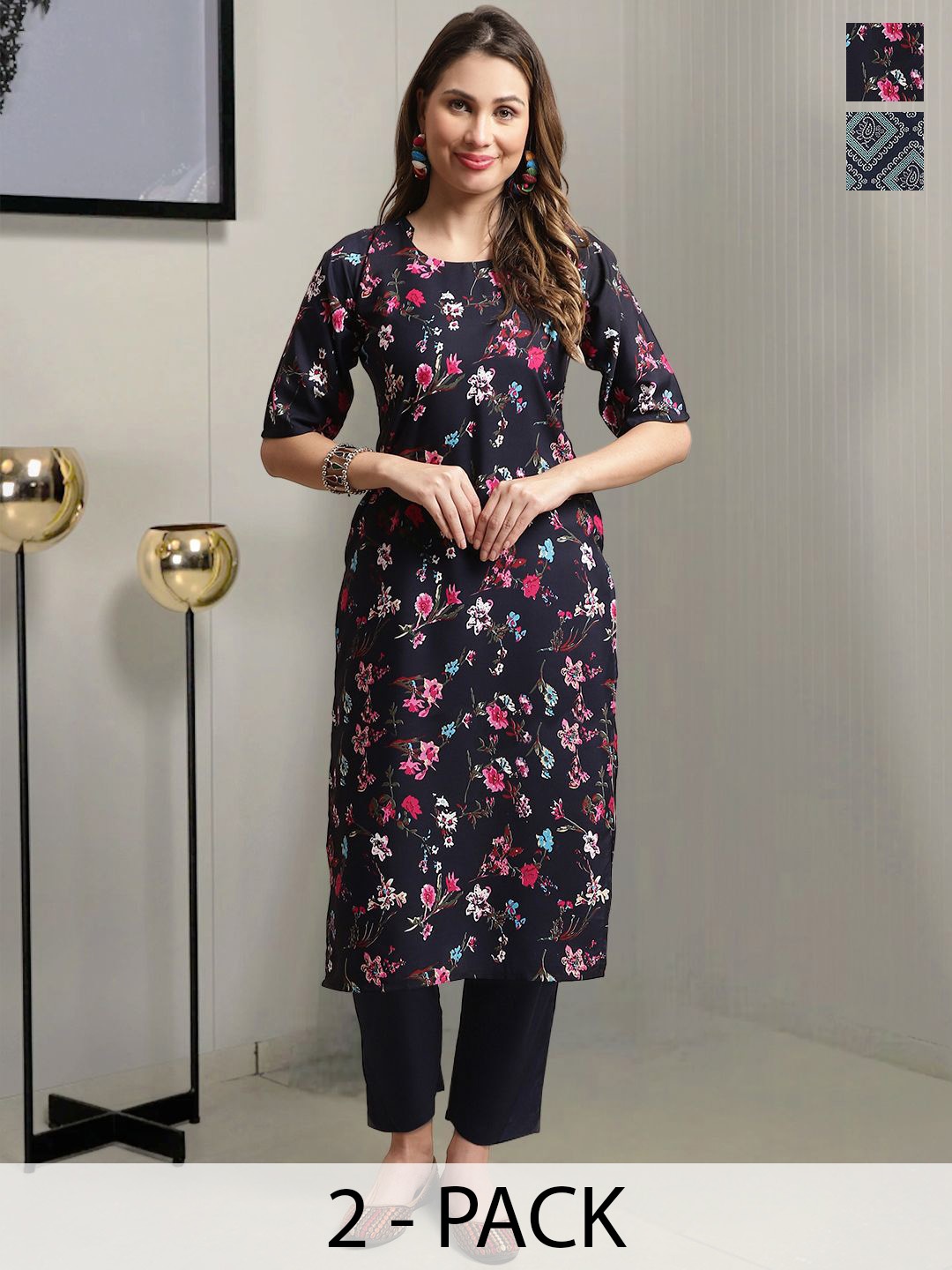 

Moda Rapido Selection Of 2 Floral Printed Straight Kurta With Trousers, Black