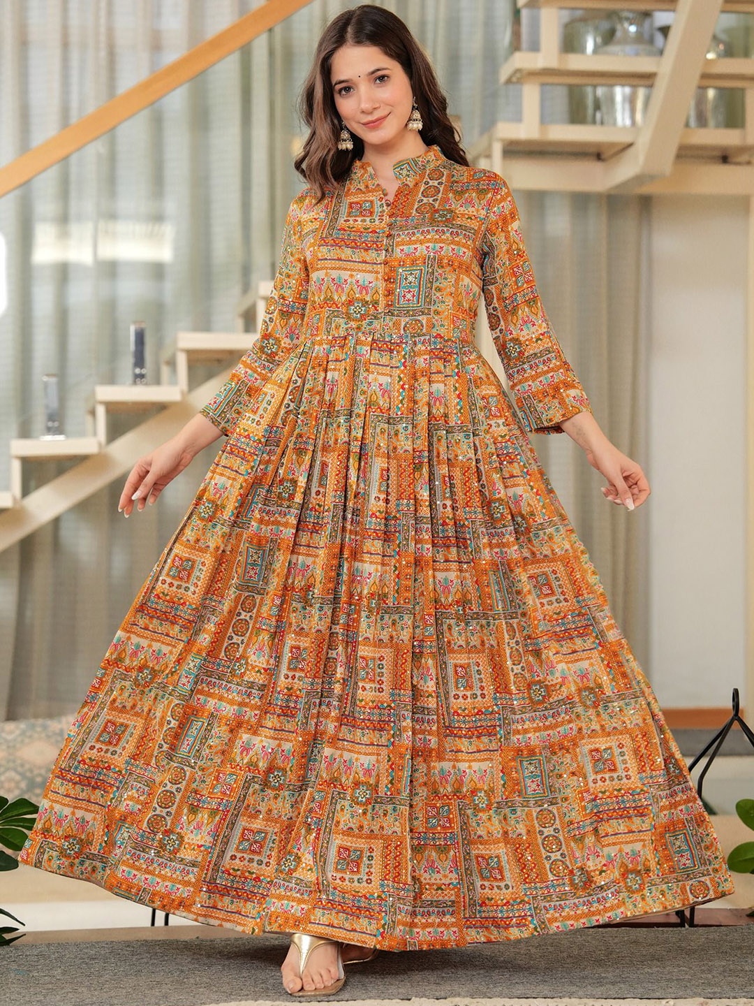 

PARTHVI Floral Printed Mandarin Collar Fit and Flare Ethnic Dresses, Yellow