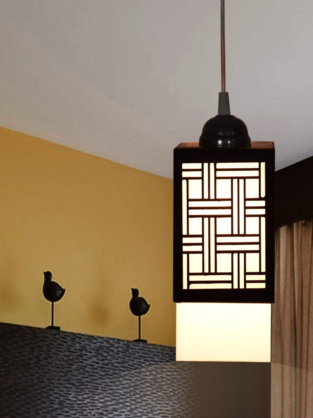 

Gojeeva Black and White Textured Wooden Contemporary Square Shaped Ceiling Lamp