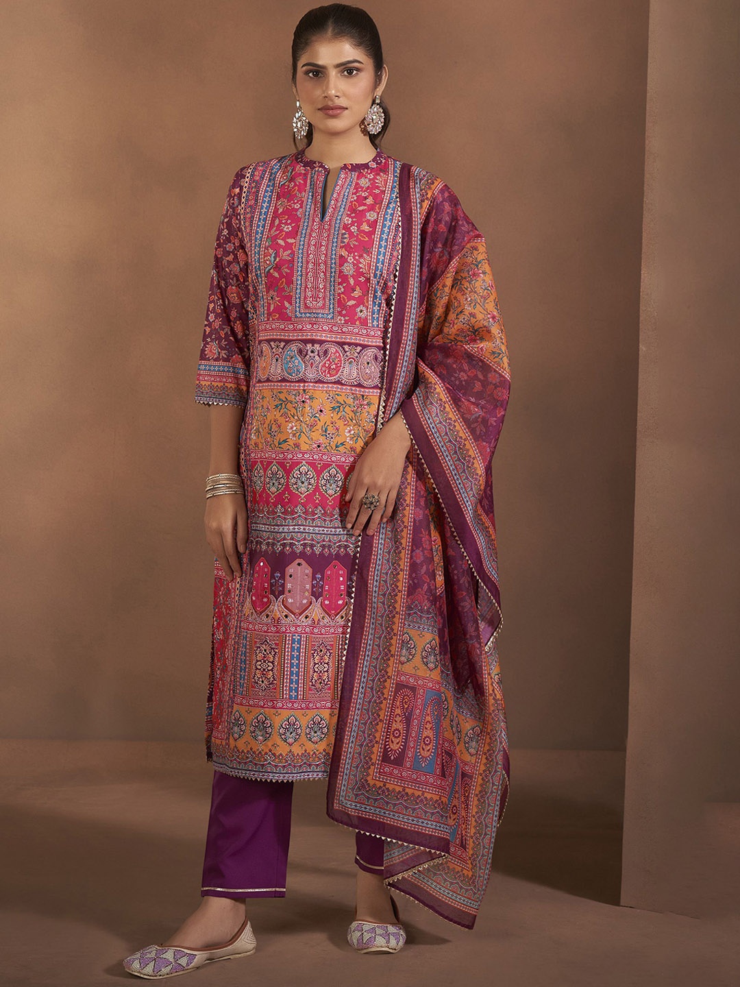 

Anouk Ethnic Motifs Printed Thread Work Kurta With Trousers And Dupatta, Purple