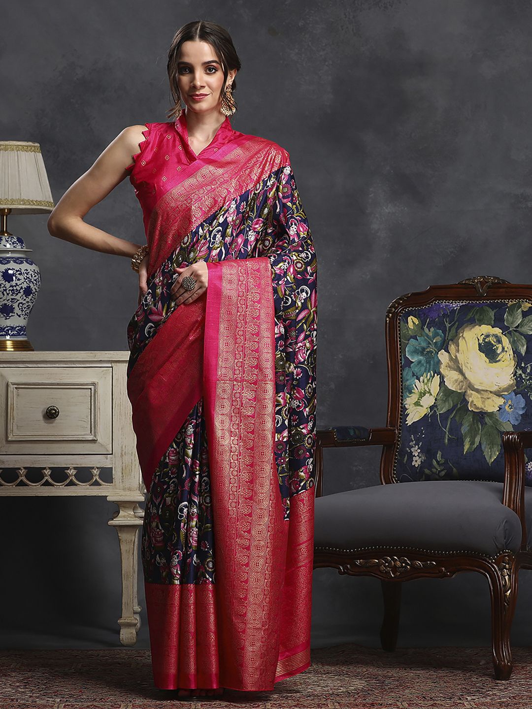 

Anouk Rustic Kalamkari Zari Silk Blend Sungudi Saree, Navy blue