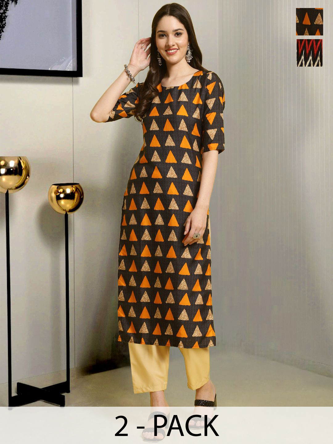 

Moda Rapido Selection Of 2 Geometric Printed Round Neck Straight Kurtas With Trousers, Black