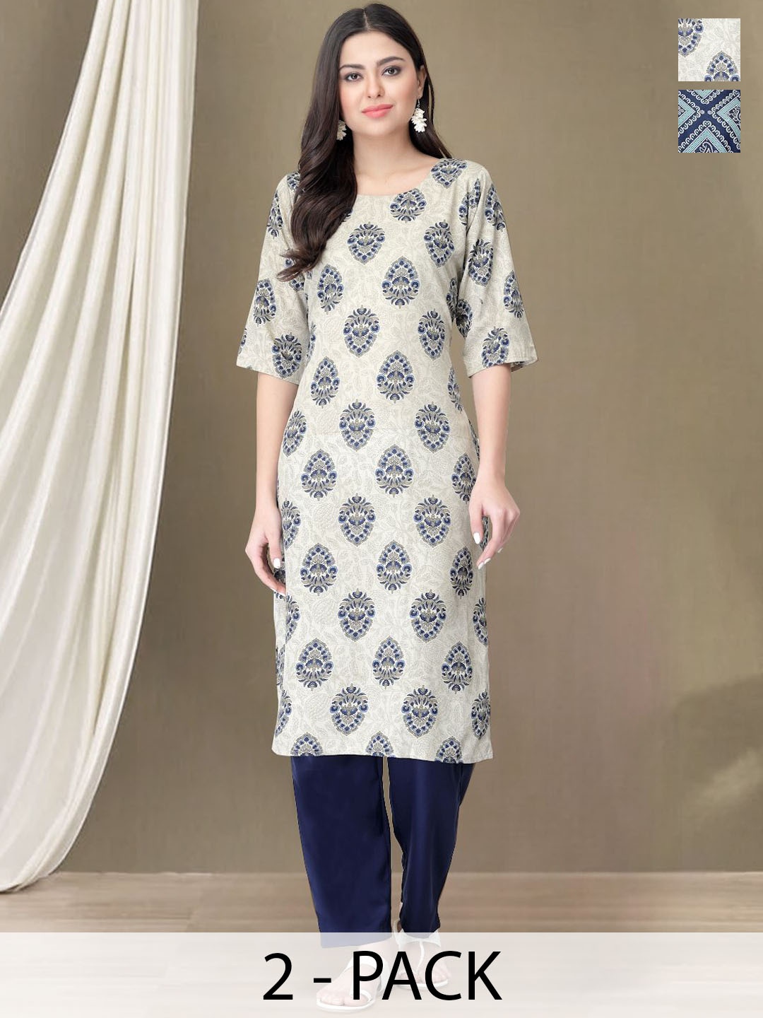 

Moda Rapido Selection of 2 Ethnic Motifs Printed Straight Kurtas With Trousers, Off white