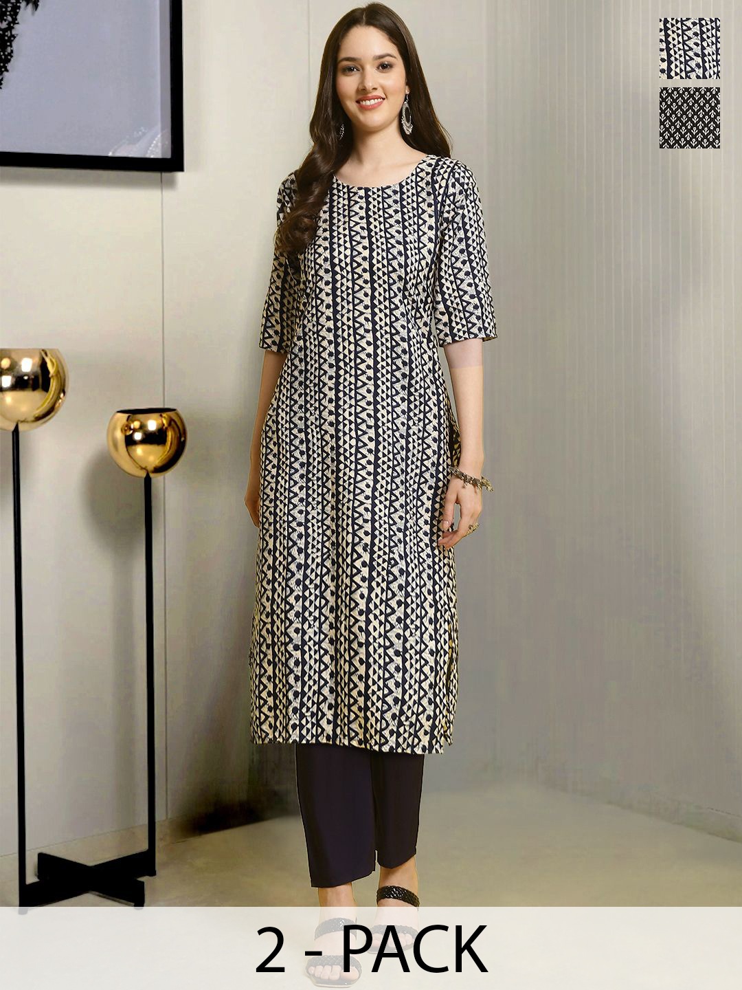 

Moda Rapido Selection of 2 Geometric Printed Straight Kurtas With Trousers, Black