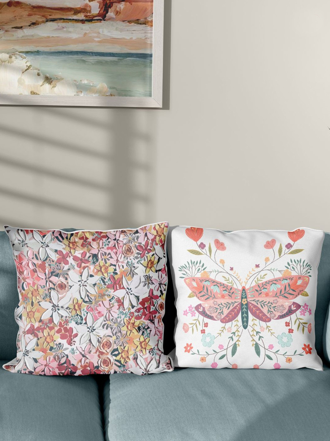 

haus & kinder Holi White & Red Pack of 2 Floral Printed Pure Cotton Square Cushion Covers