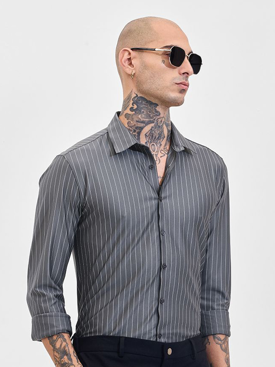 

Snitch Men Slim Fit Pinstripes Opaque Striped Formal Shirt, Grey