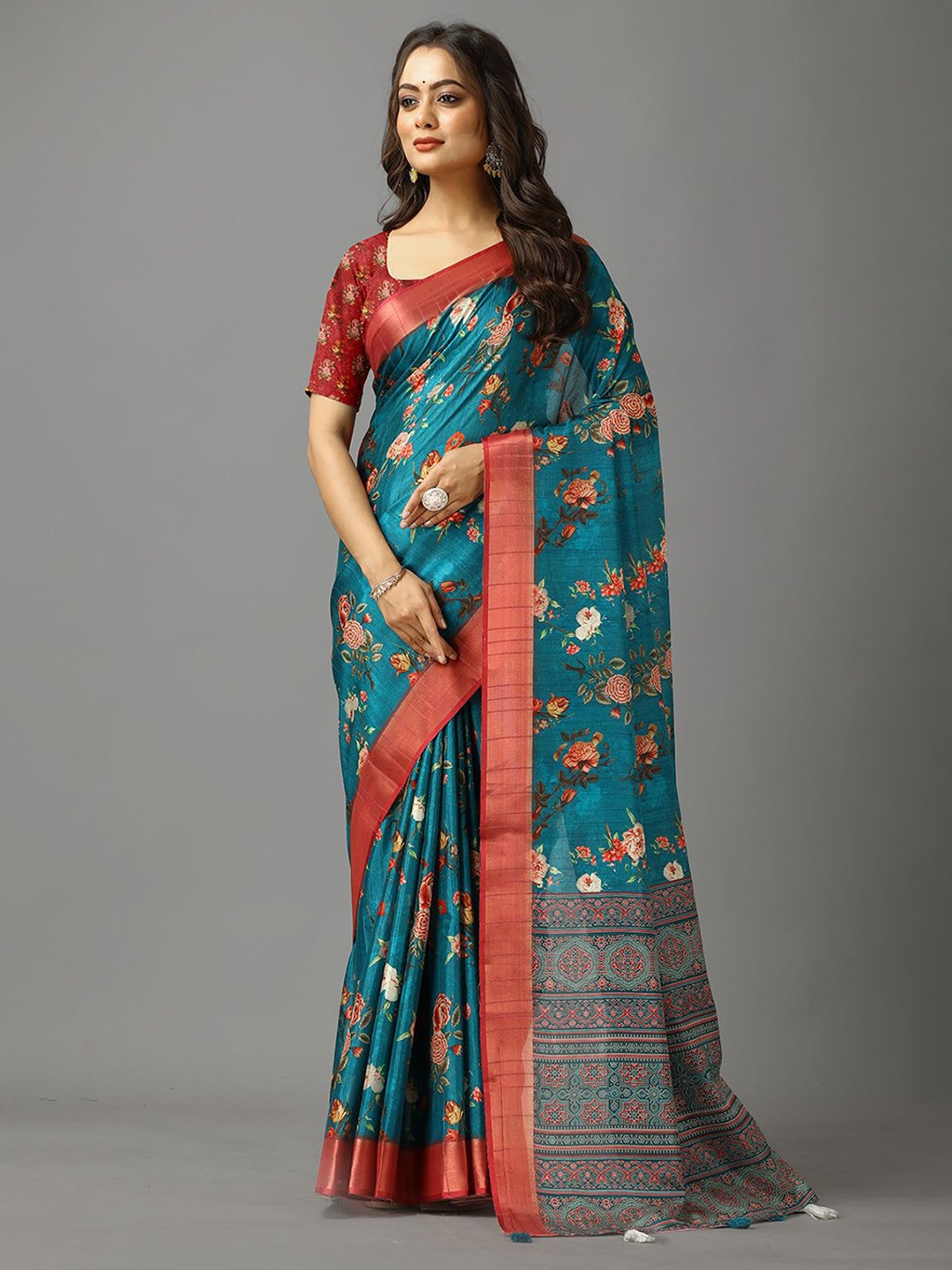 

NIRMAL CREATION Floral Zari Saree, Blue