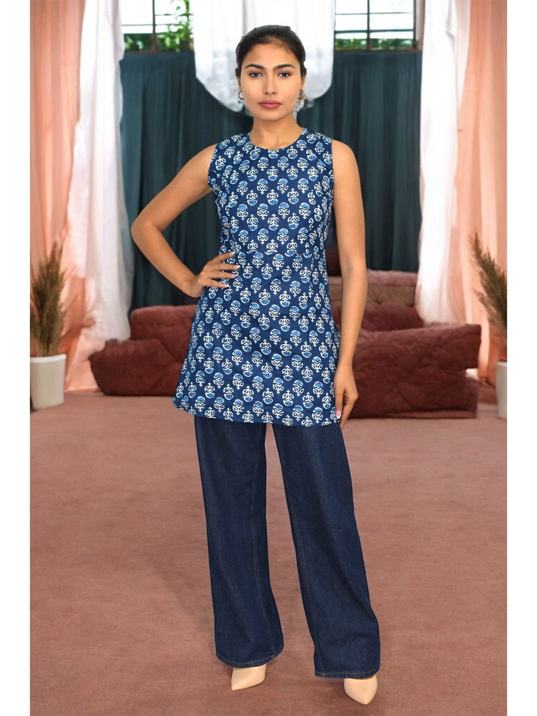 

JAIPUR HAND BLOCK Floral Printed Pure Cotton Kurti, Blue