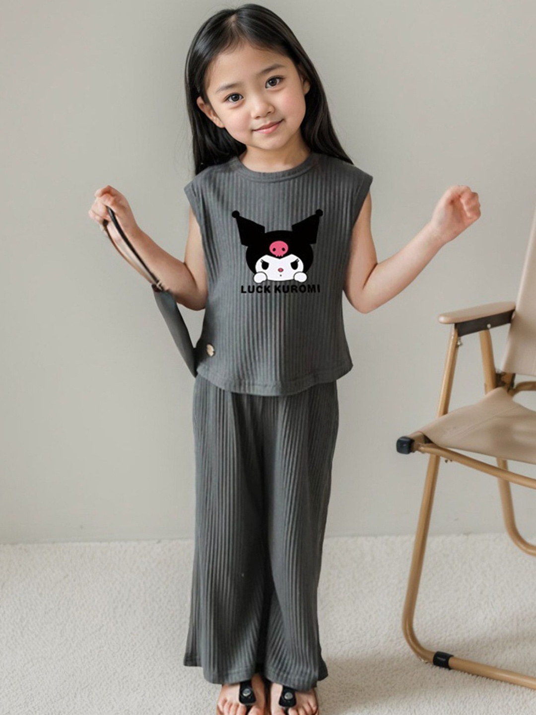 

LULU & SKY Girls Printed Round Neck Sleeveless Top With Trouser, Grey