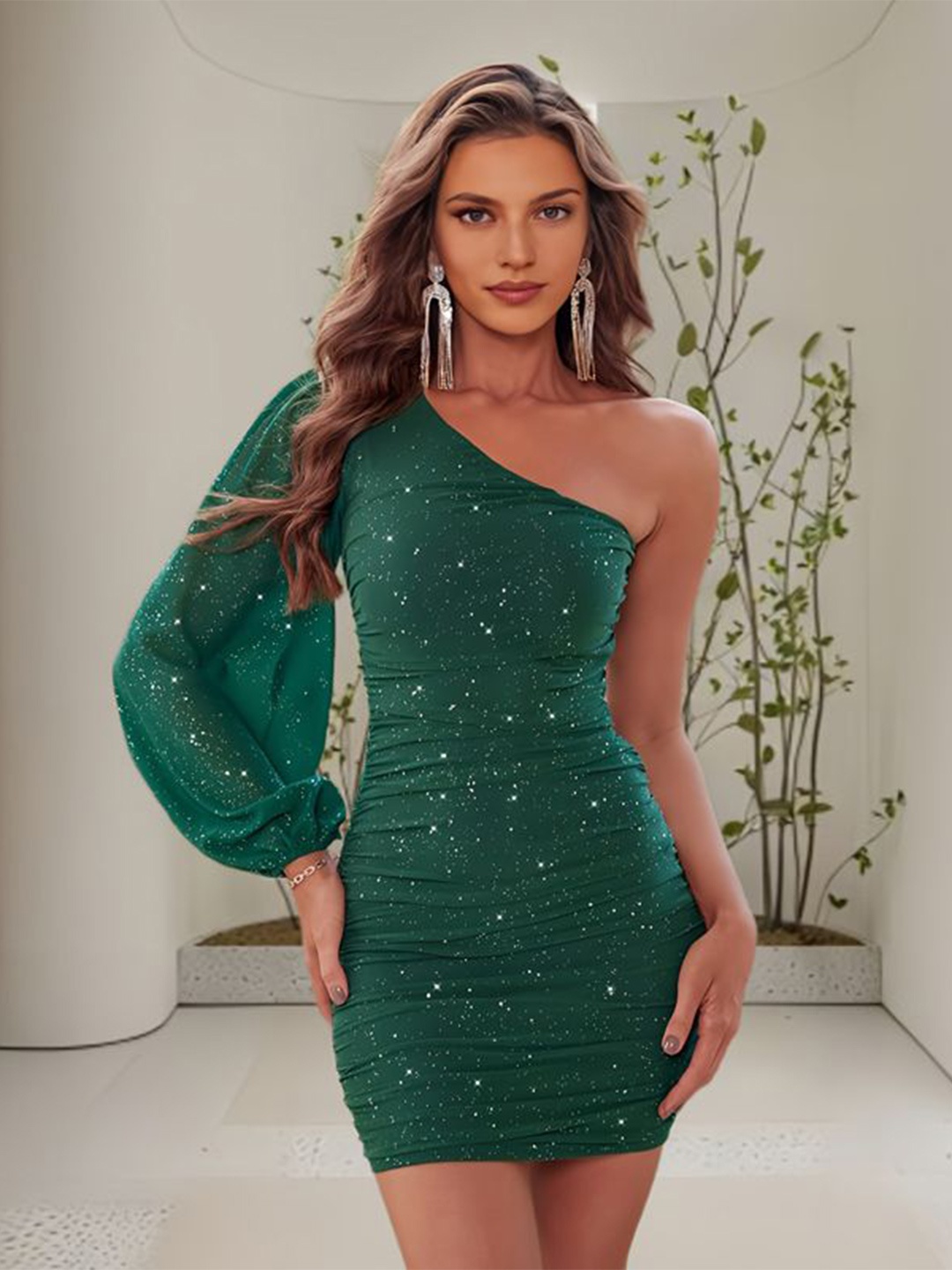 

JC Mode Embellished Puff Sleeve Bodycon Dress, Green