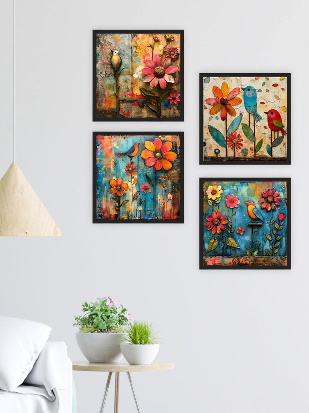 

CVANU Blue & Green 4 Pieces Floral Printed Wooden Wall Hangings