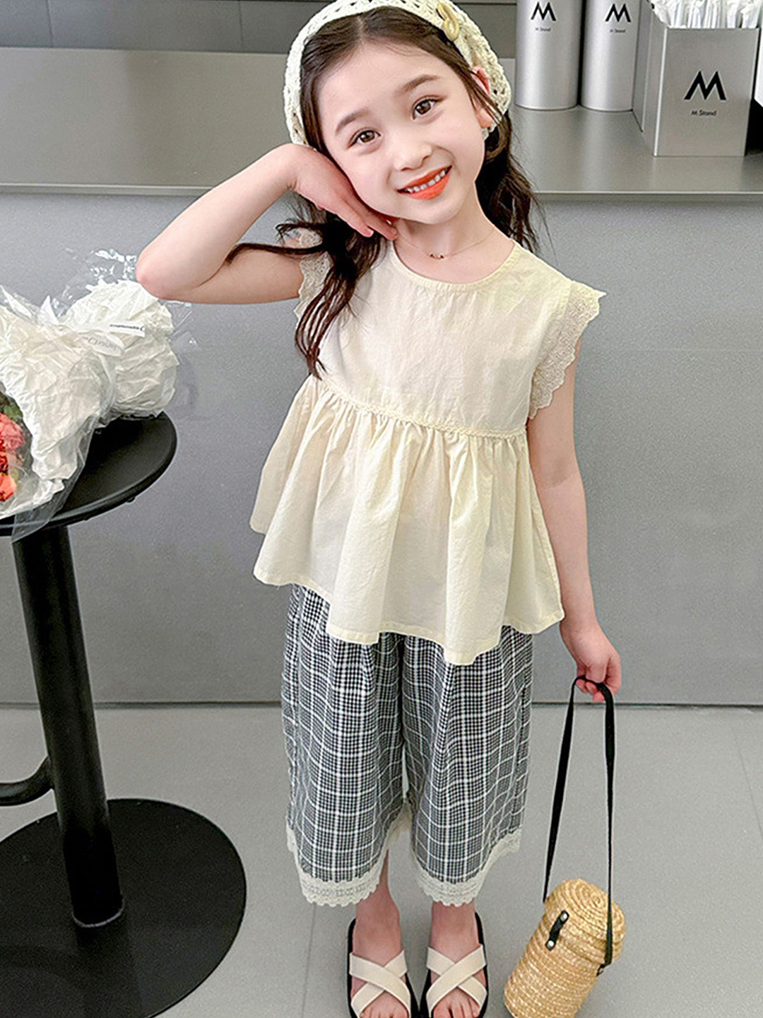 

LULU & SKY Girls Ruffled Round Neck Top with Trousers, Beige