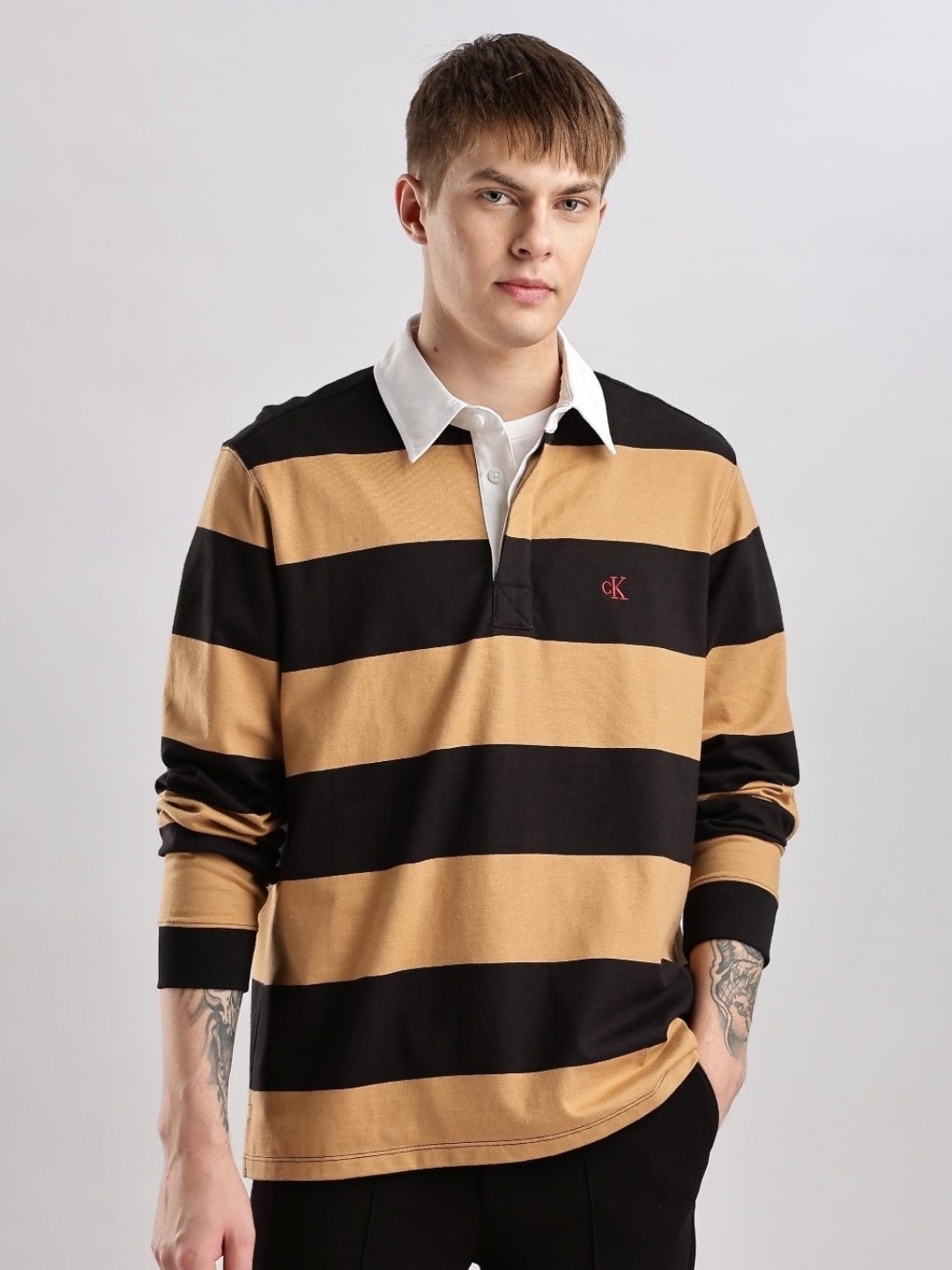 

Calvin Klein Jeans Men Striped Polo Collar Pockets T-shirt, Black