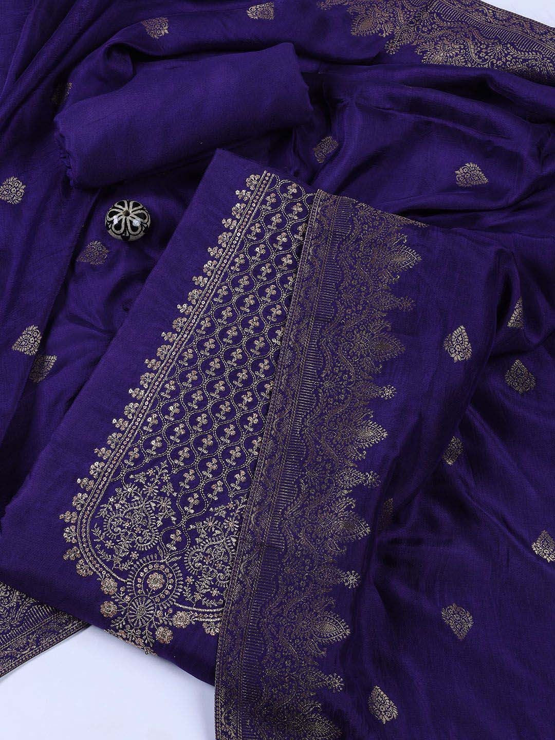 

Meena Bazaar Ethnic Motifs Woven Design Art Silk Unstitched Dress Material, Purple