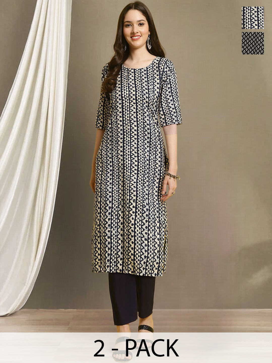 

Moda Rapido Selection Of 2 Ethnic Motifs Printed Round Neck Straight Kurtas With Trousers, Black